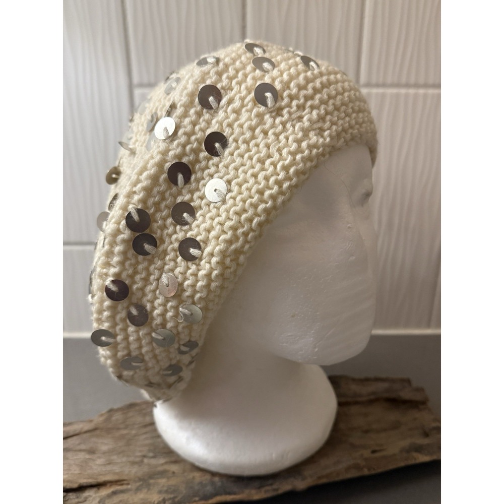 FREE PEOPLE Ivory Cream  Beige Slouchy Fit Beret Knit Hat w/Sequins OS Wool Boho